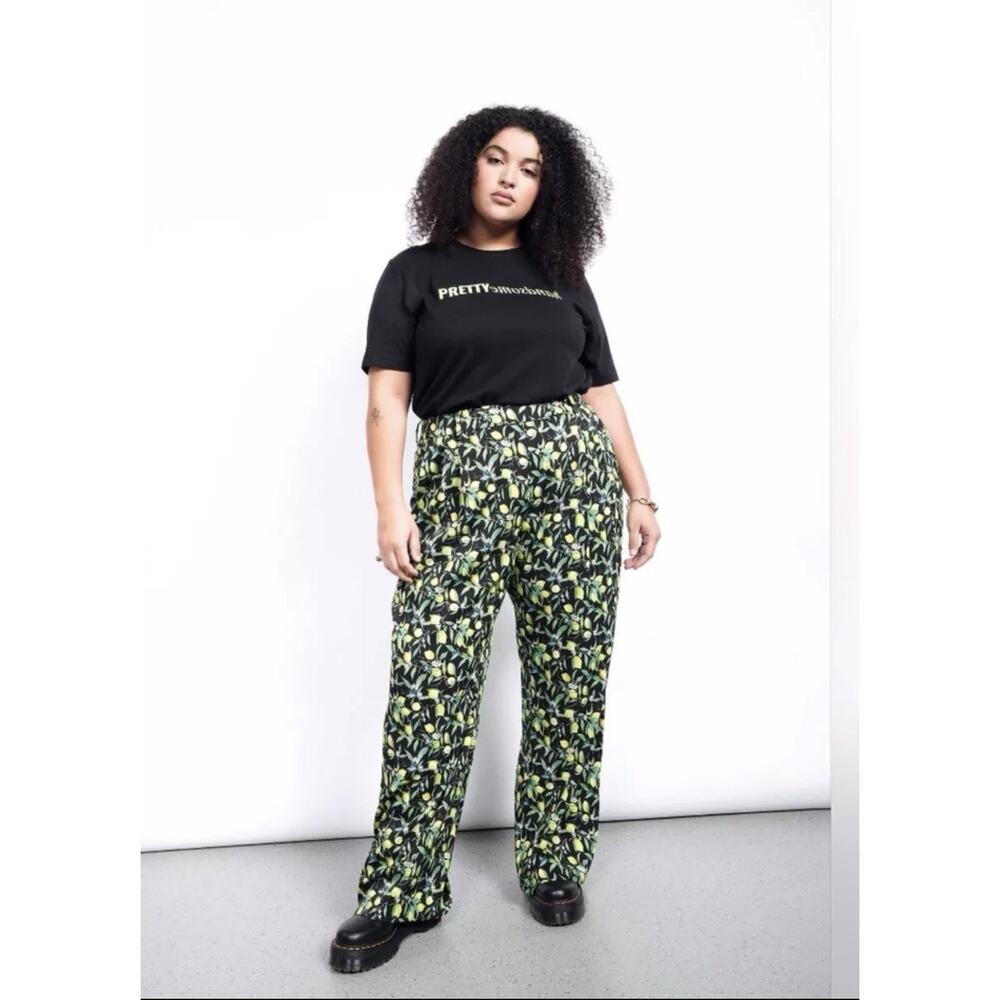 NEW Wildfang The Empower Wide Leg Lemon Citrus Print Trousers Spring SIZE 4 NWT